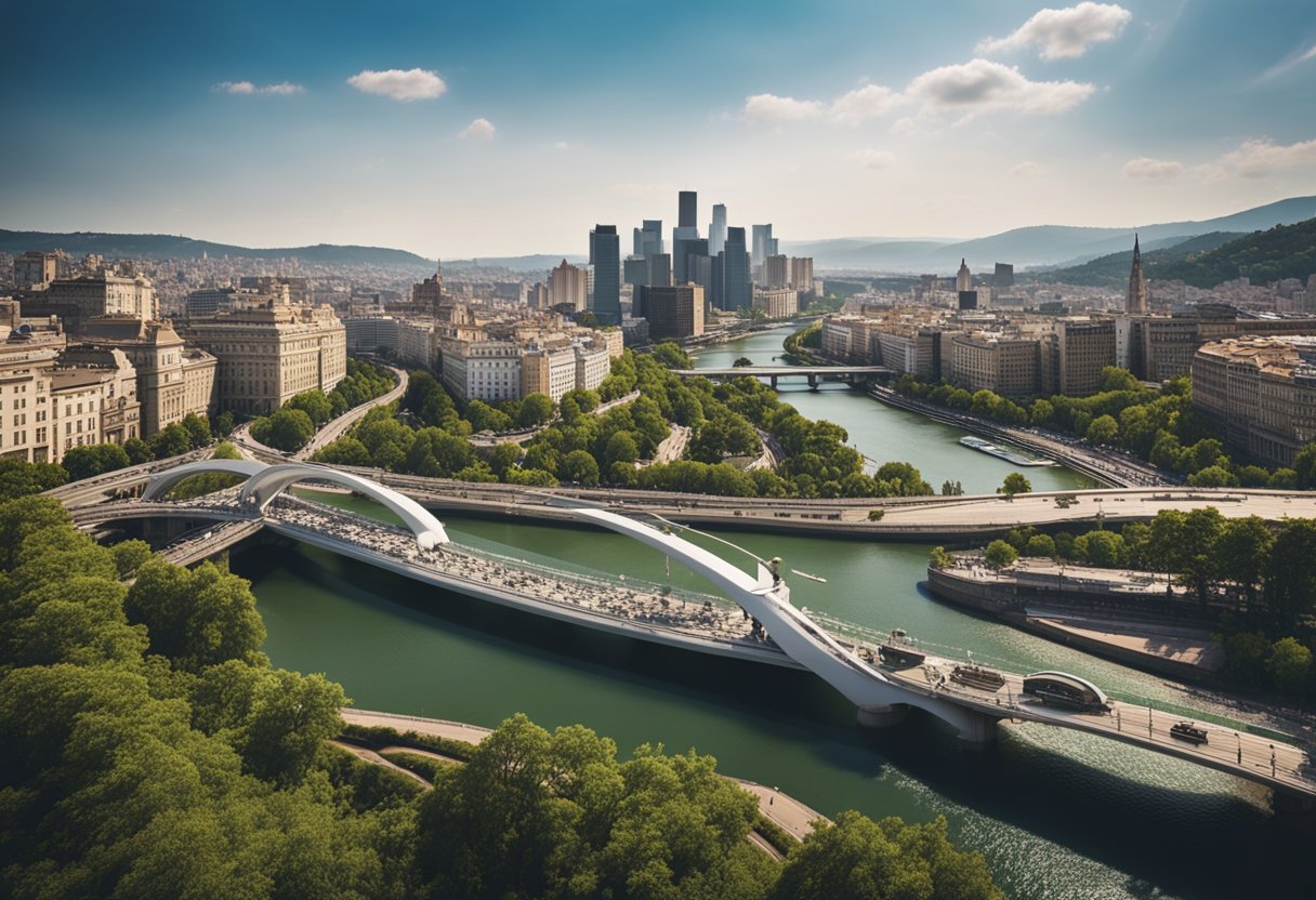 Un bullicioso paisaje urbano con monumentos icónicos como el Museo Guggenheim y el Puente Zubizuri, rodeado de exuberante vegetación y el serpenteante río Nervión.