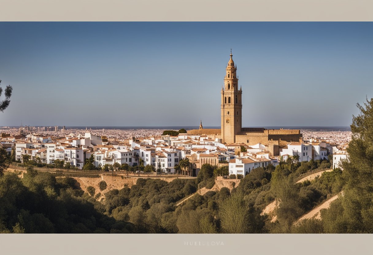 Una vista panorámica de Huelva y sus alrededores, que presenta monumentos históricos, paisajes naturales y atracciones culturales, todo bañado por la cálida luz del sol.