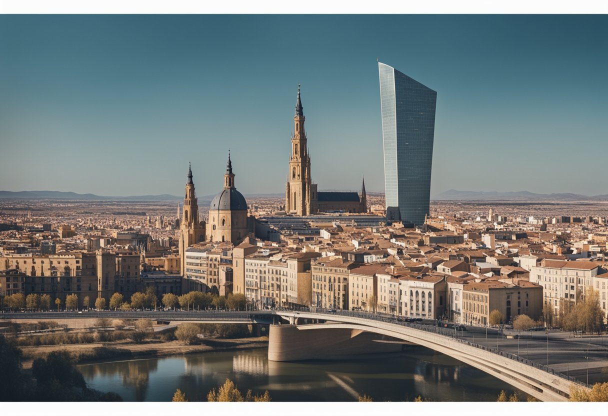Una vista panorámica de Zaragoza y sus alrededores, mostrando monumentos icónicos y paisajes naturales, con una mezcla de arquitectura histórica y moderna.