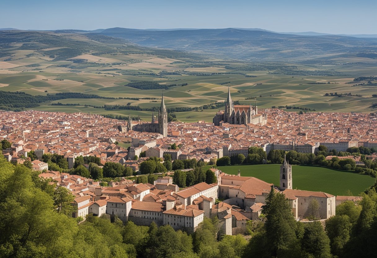 Una vista panorámica de Burgos y su campo circundante, con monumentos históricos, colinas onduladas y un cielo azul claro.
