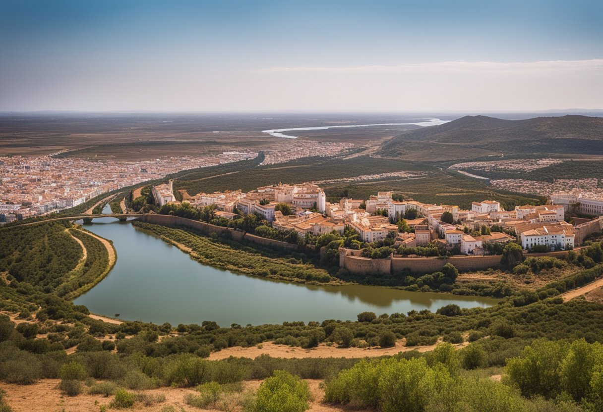 Un paisaje urbano vibrante de Huelva con monumentos históricos, vegetación exuberante y el río Guadiana serpenteando por el campo circundante.