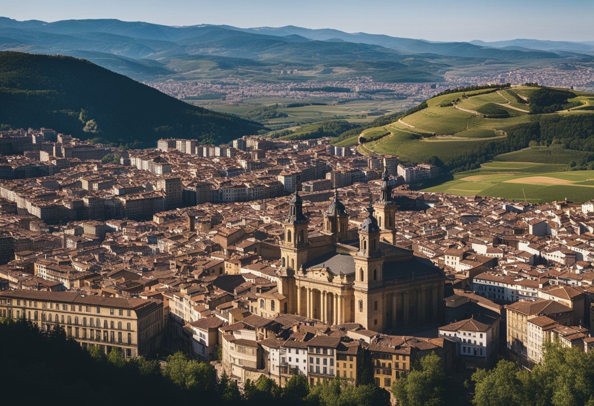 Una vista panorámica de Pamplona y sus alrededores, con monumentos icónicos como la Plaza del Castillo, la Catedral de Pamplona y el hermoso paisaje rural.