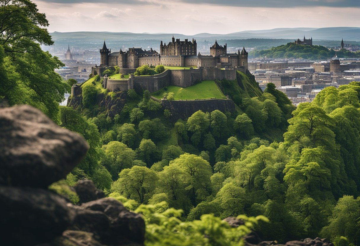 Una vista panorámica del histórico horizonte de Edimburgo, con el icónico Castillo de Edimburgo situado sobre la roca volcánica, rodeado de exuberante vegetación y arquitectura antigua.