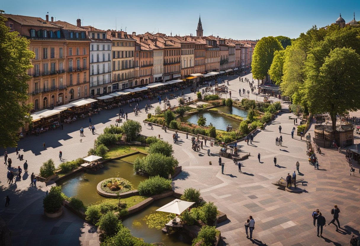 Una bulliciosa plaza de la ciudad en Toulouse, con edificios coloridos, cafeterías al aire libre y gente paseando. Un río serpentea por el fondo, con un puente medieval que lo cruza.