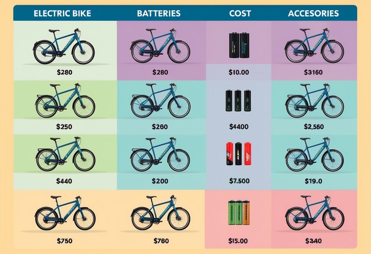 Et bord med forskjellige elektriske sykkelmodeller, batterier og tilbehør som sammenlignes for kostnad