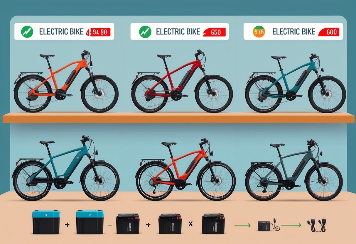 En utstilling av forskjellige elektriske sykkelmodeller, batterier og tilbehør for kostnads sammenligning