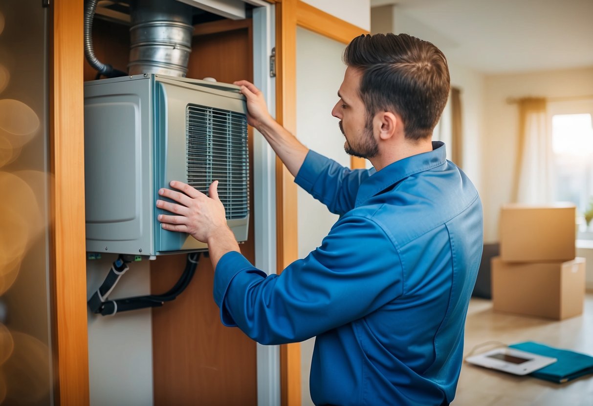 En tekniker installerer et varmepumpeanlegg i en boliginnstilling