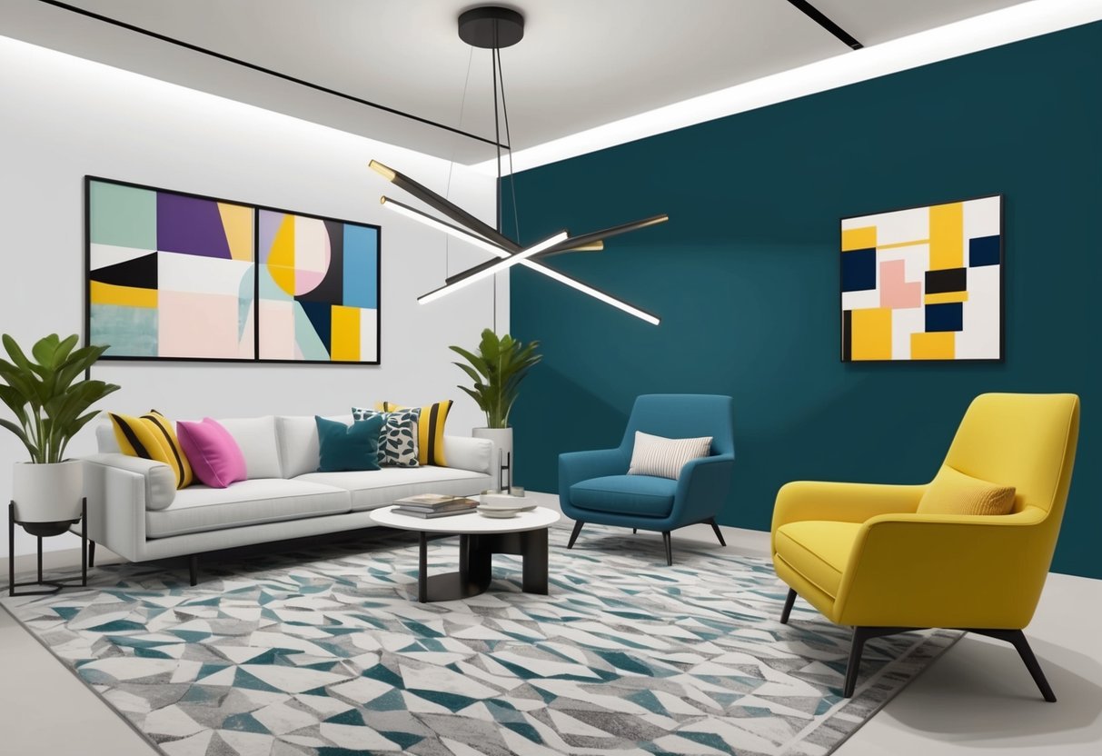 Un salon moderne avec des meubles minimalistes, des motifs géométriques et des touches de couleur vive. Un mur d'accent orné d'œuvres d'art abstraites et un luminaire élégant et asymétrique complètent la décoration intérieure tendance.