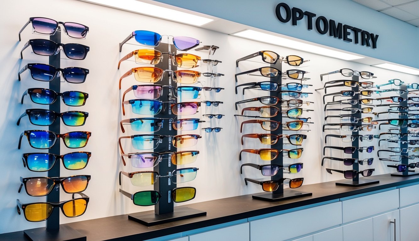 Una exhibición colorida de gafas y gafas de sol dispuestas en estantes en una moderna tienda de optometría en Ocoee, Florida. La iluminación brillante resalta las diversas monturas y lentes disponibles para los clientes.