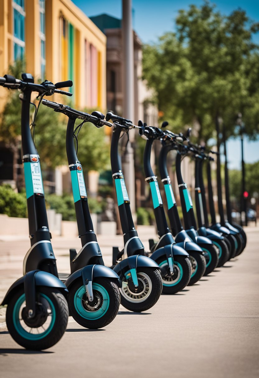 A row of electric scooters parked neatly on a sidewalk in downtown Waco, with colorful buildings and bustling streets in the background