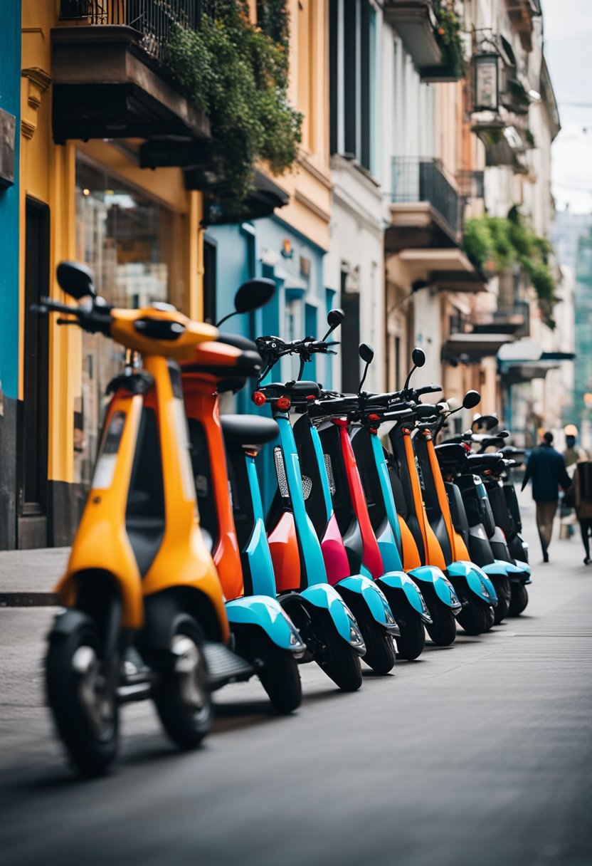 A bustling city street with colorful electric scooters lined up in front of a rental shop, with people passing by and a vibrant cityscape in the background