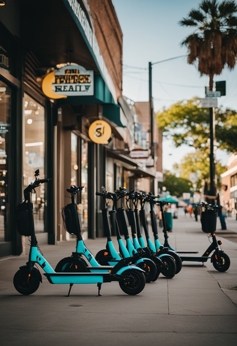 A bustling city street with people riding electric scooters past rental stations and vibrant storefronts in Waco