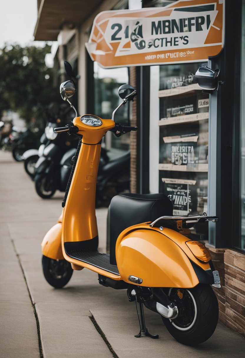 An electric scooter parked on a sidewalk in front of a rental shop with a sign displaying available scooters in Waco