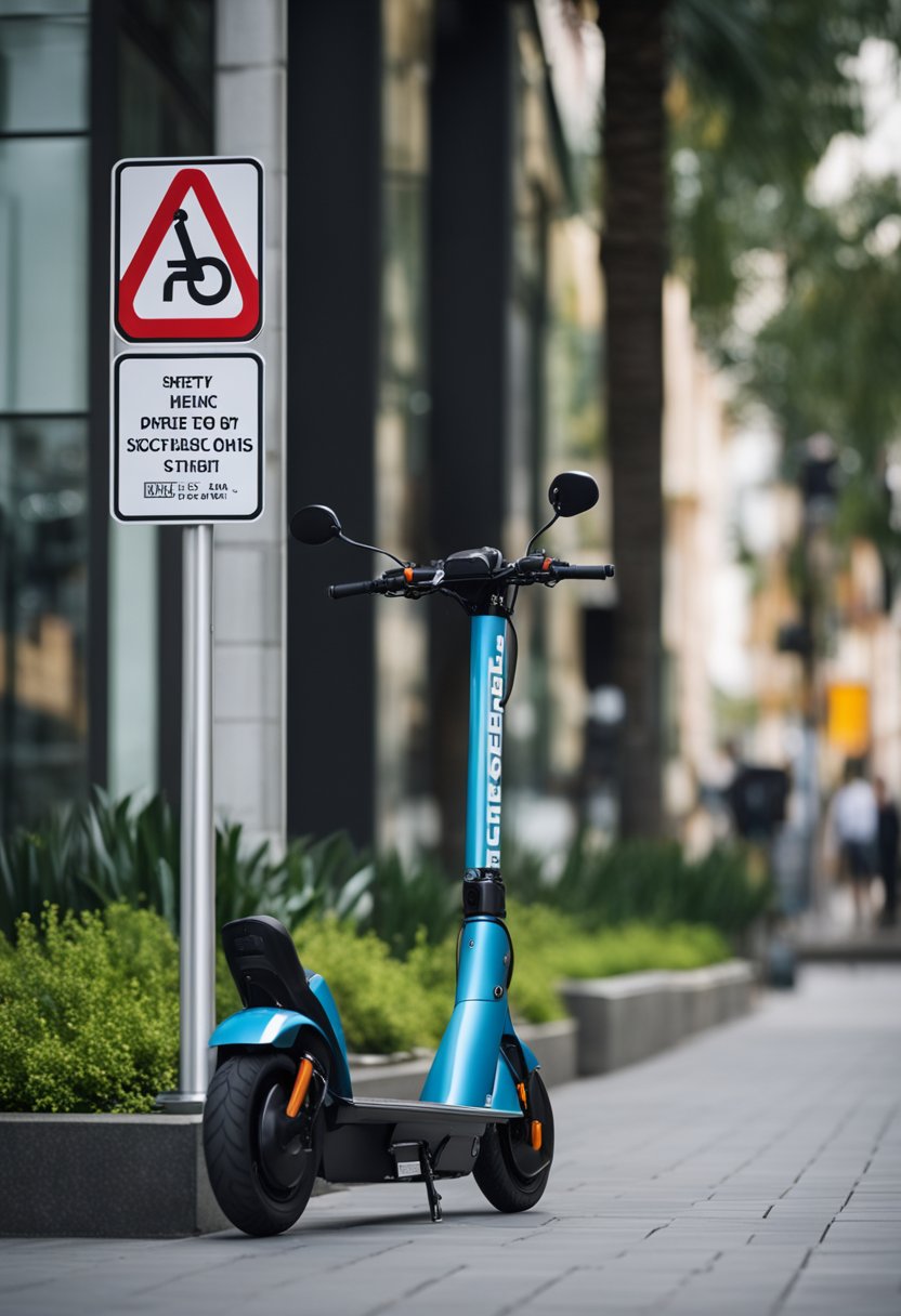 An electric scooter parked on a sidewalk next to a safety helmet and a sign with safety tips