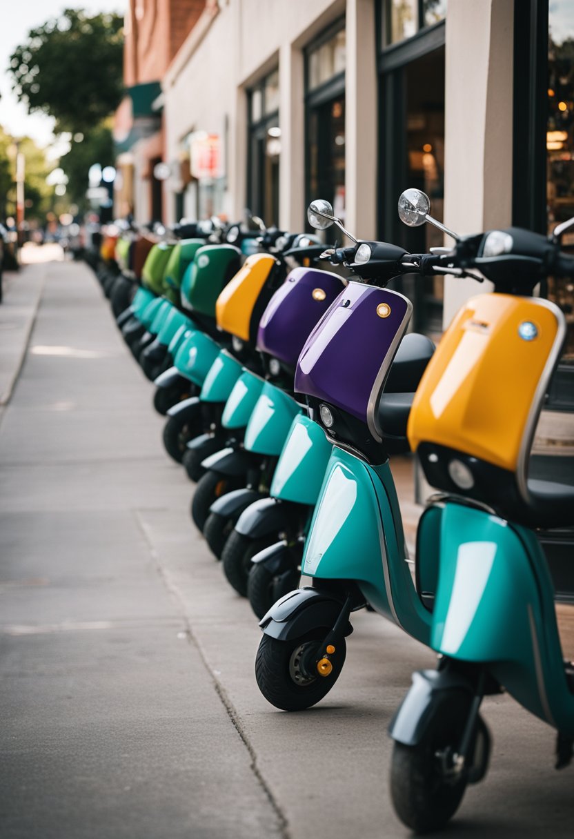 A bustling street in Waco with colorful electric scooters lined up for rent outside a shop, surrounded by eager customers