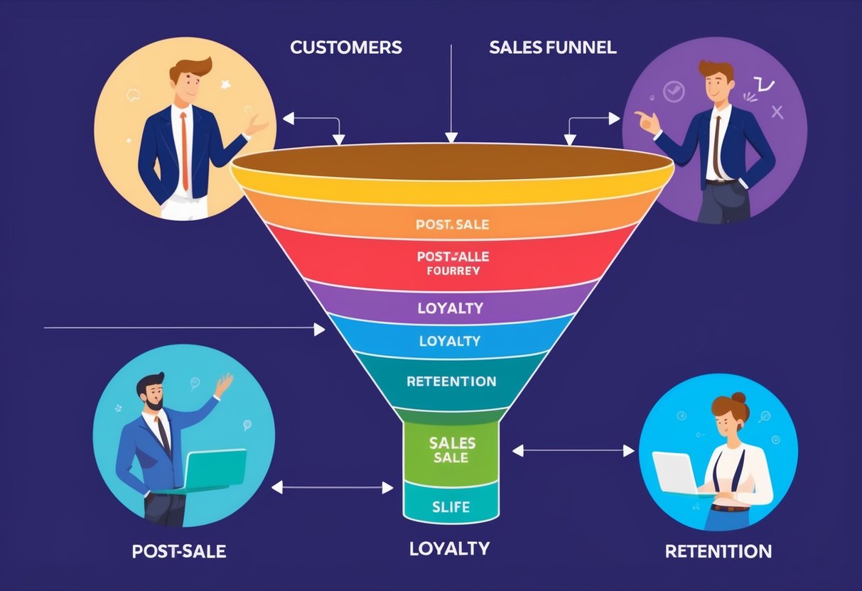 A jornada de um cliente através das etapas de pós-venda, fidelização e retenção de um funil de vendas, com vários pontos de contato e interações.
