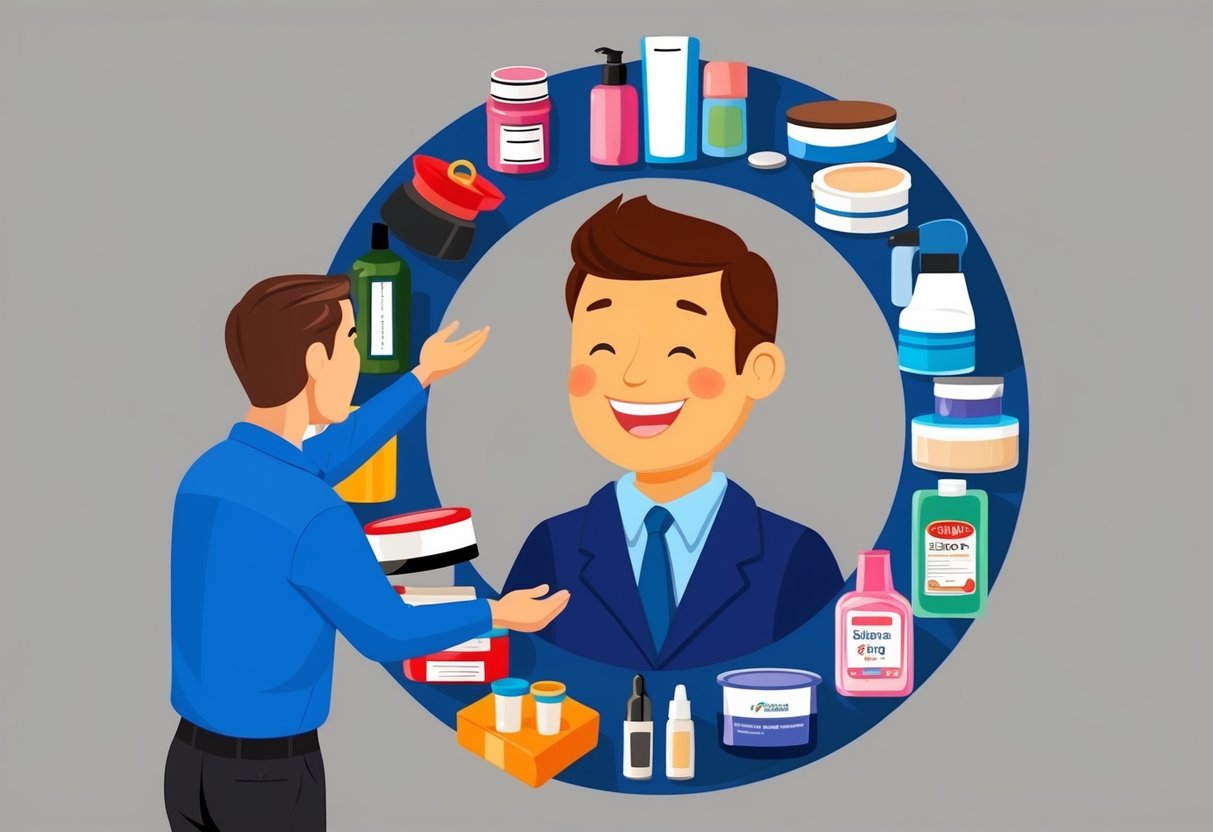 Um cliente sorridente cercado por um círculo de produtos diversos, com um vendedor oferecendo assistência.