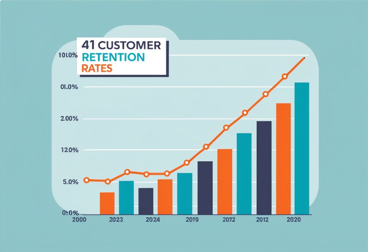 Um gráfico de linha mostrando as taxas de retenção de clientes ao longo do tempo, com uma clara tendência de alta