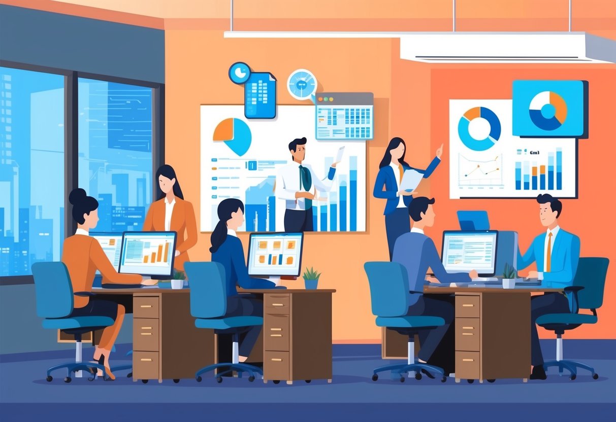 Um call center movimentado com agentes atendendo clientes, enquanto outros analisam dados e elaboram estratégias para a retenção de clientes avançada pós-venda.