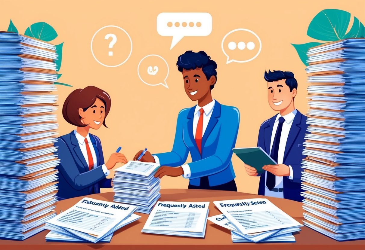 Um representante de atendimento ao cliente ajudando um cliente com uma pergunta, cercado por uma pilha de documentos de perguntas frequentes.