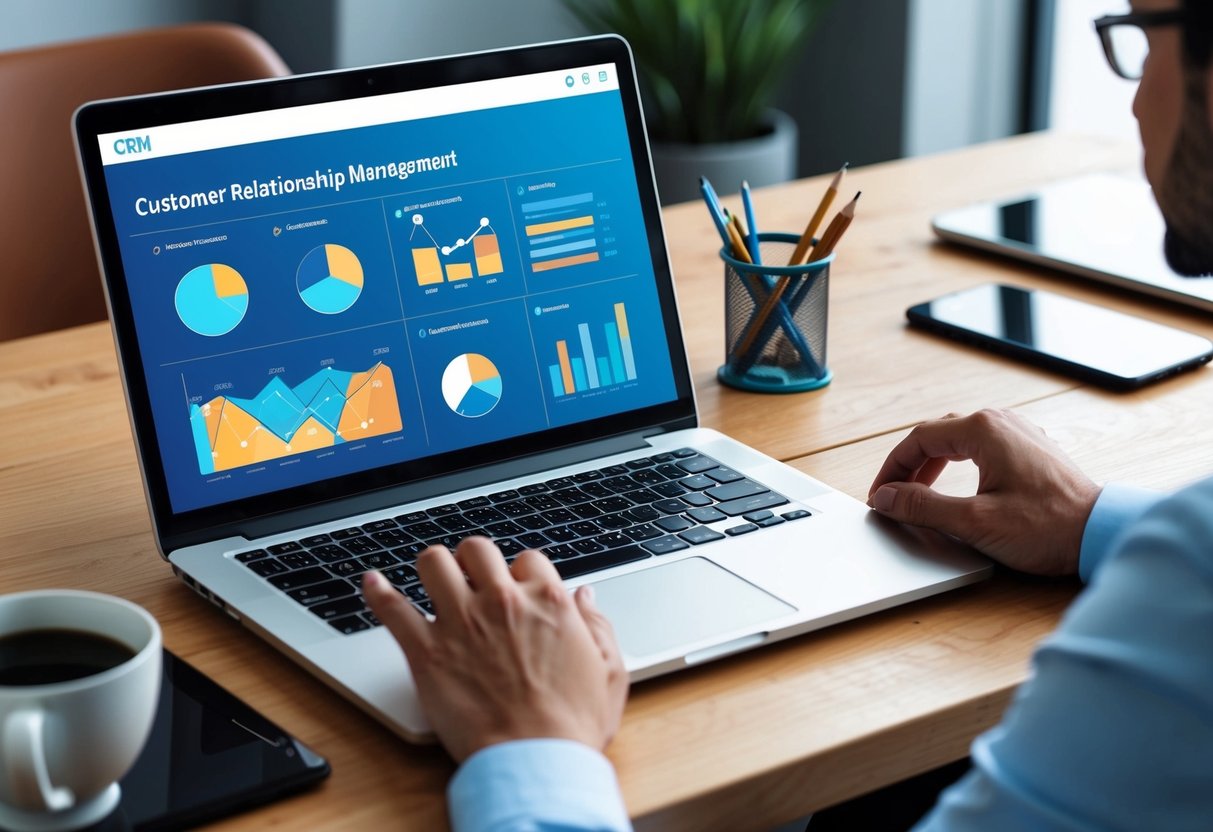 Um laptop exibindo um painel de gerenciamento de relacionamento com o cliente (CRM) com várias estratégias de marketing e gráficos de análises digitais.