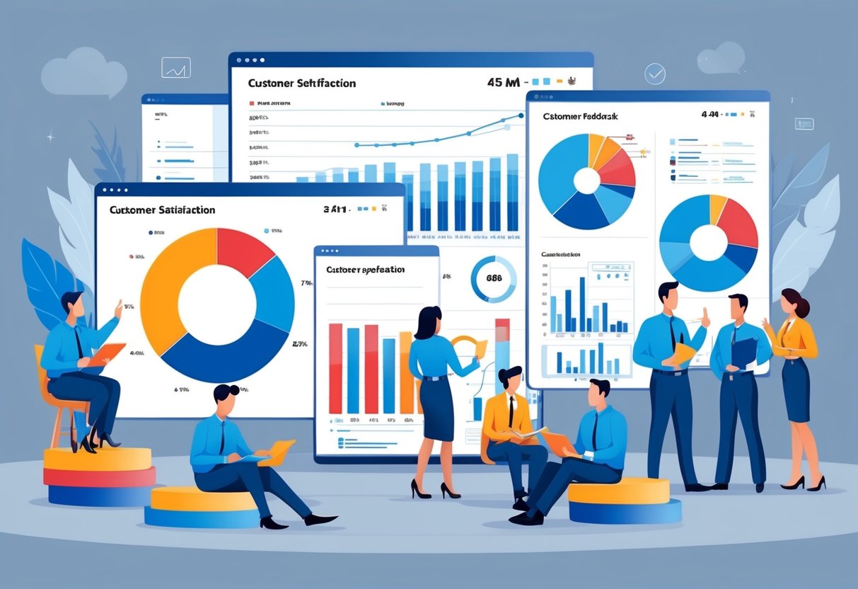 Uma análise de feedback de clientes: uma série de gráficos e tabelas mostrando métricas de satisfação do cliente, cercada por representantes de atendimento ao cliente tomando notas e discutindo estratégias.