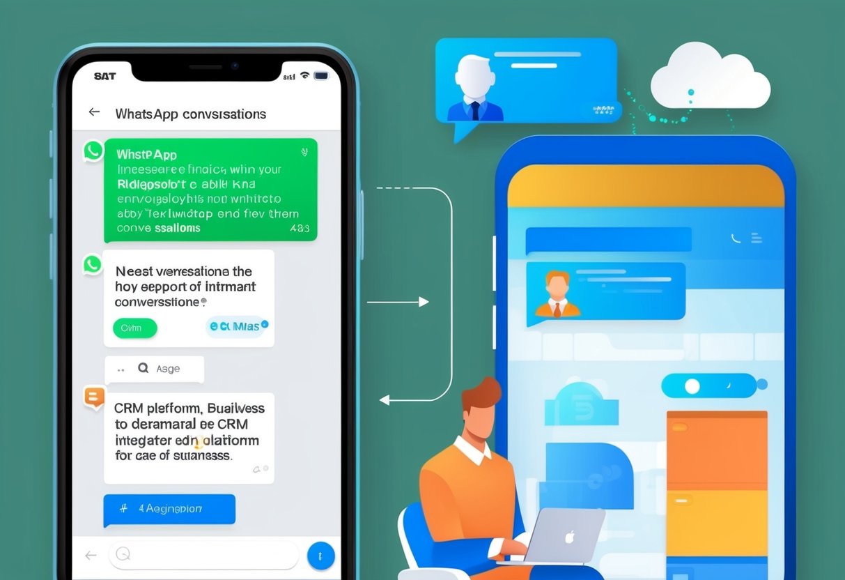 Um smartphone exibindo conversas do WhatsApp sendo perfeitamente integrado a uma plataforma de CRM, com dados fluindo entre os dois aplicativos.