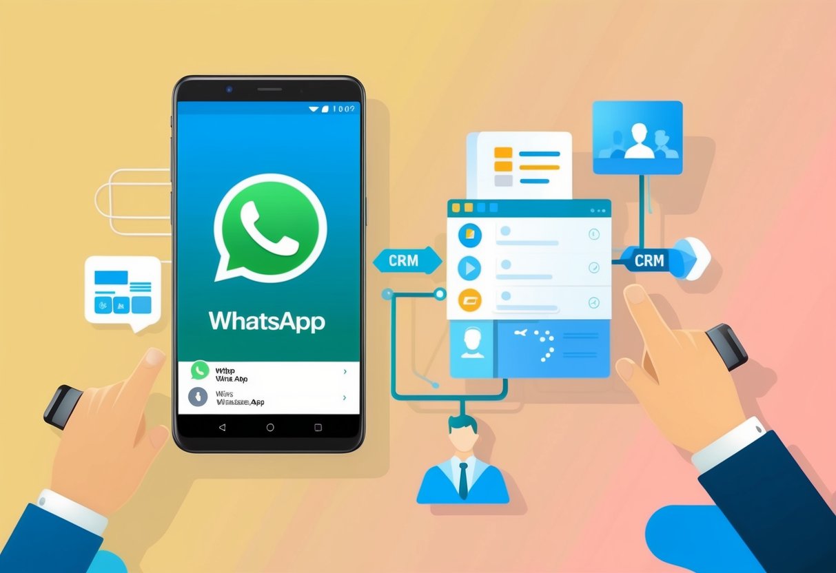 Um smartphone exibindo o aplicativo WhatsApp Business conectado a um sistema de CRM, com comunicação e dados fluindo perfeitamente entre as duas plataformas.