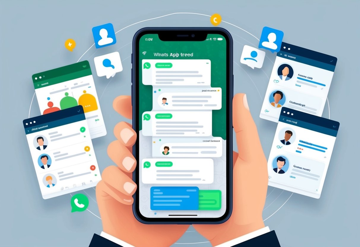 Um smartphone exibindo um painel de CRM com um thread de conversa do WhatsApp, cercado por leads e perfis de clientes.