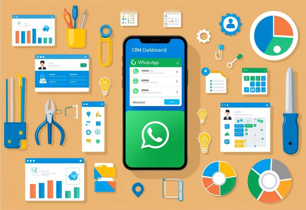 Um smartphone exibindo um painel de CRM com integração ao WhatsApp, cercado por várias ferramentas e recursos