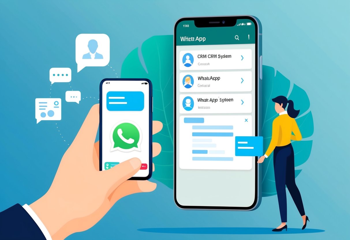 Uma pessoa usando um smartphone para enviar e receber mensagens no WhatsApp, enquanto um sistema de CRM é mostrado se integrando perfeitamente ao aplicativo em segundo plano.