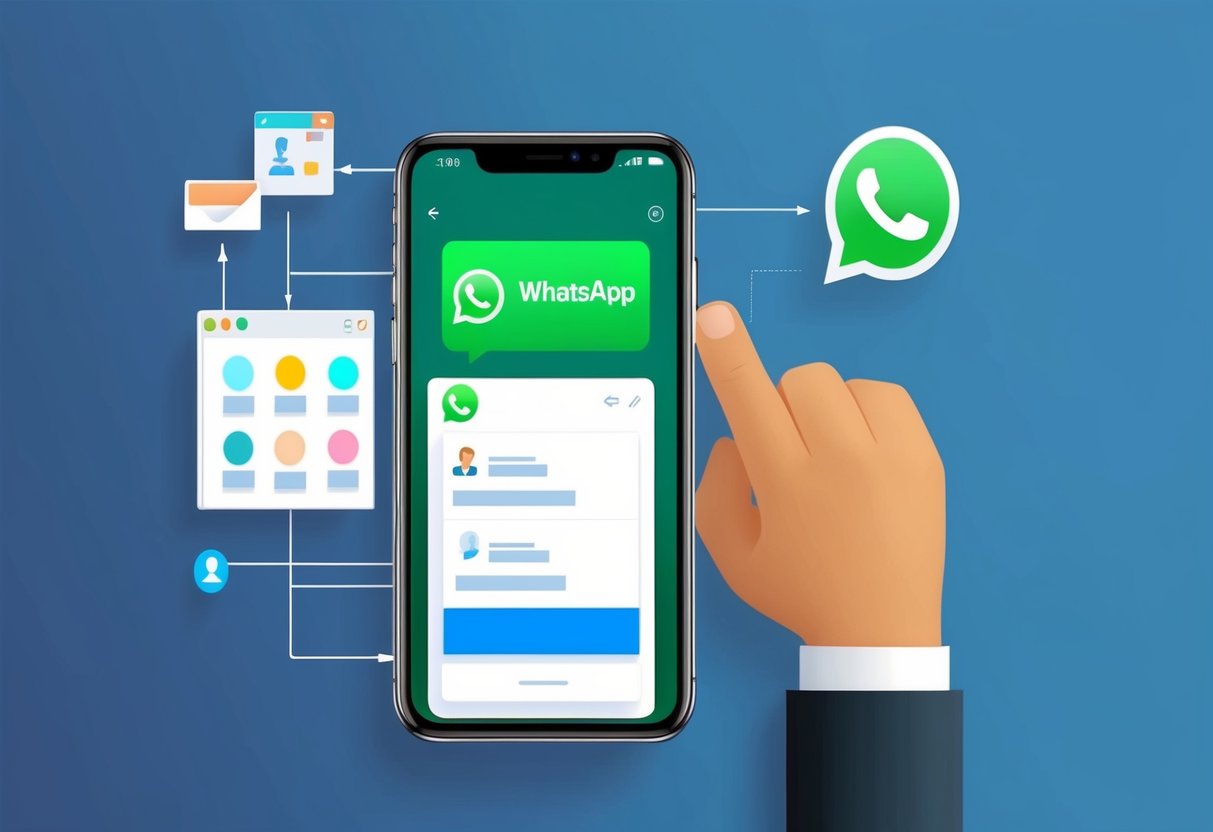 Um smartphone exibindo uma janela de chat do WhatsApp conectada a uma interface de sistema CRM