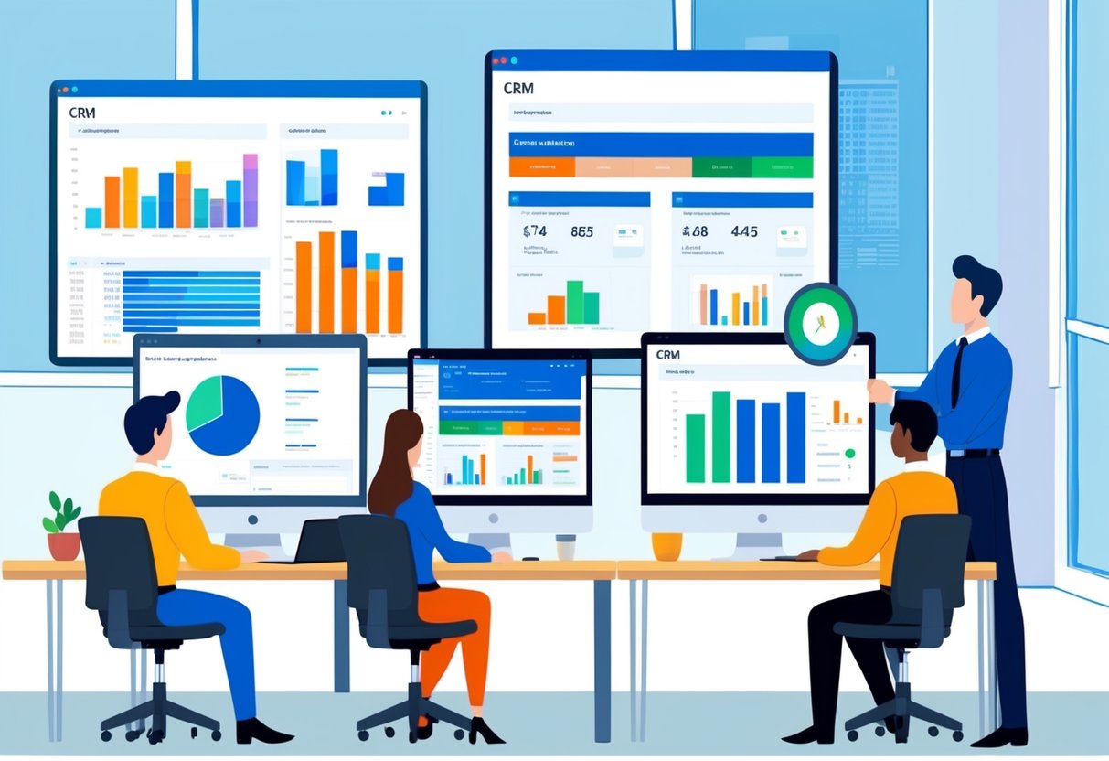 Um escritório moderno com funcionários utilizando software de CRM para automação de vendas. Múltiplas telas de computador exibem dados de clientes e análises de vendas.