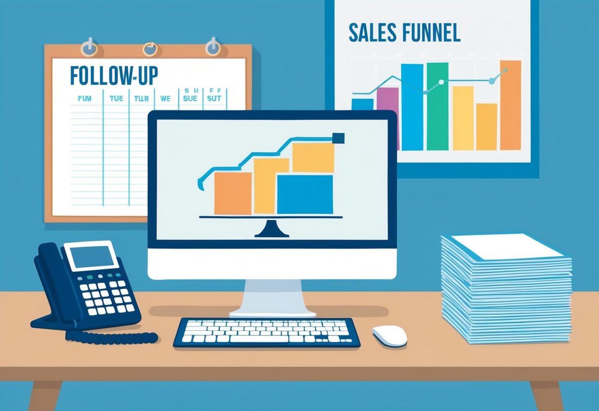 Uma mesa com um computador, telefone e calendário. Um gráfico de funil de vendas na parede. Uma pilha de papéis rotulada como "ferramentas de automação de follow-up."