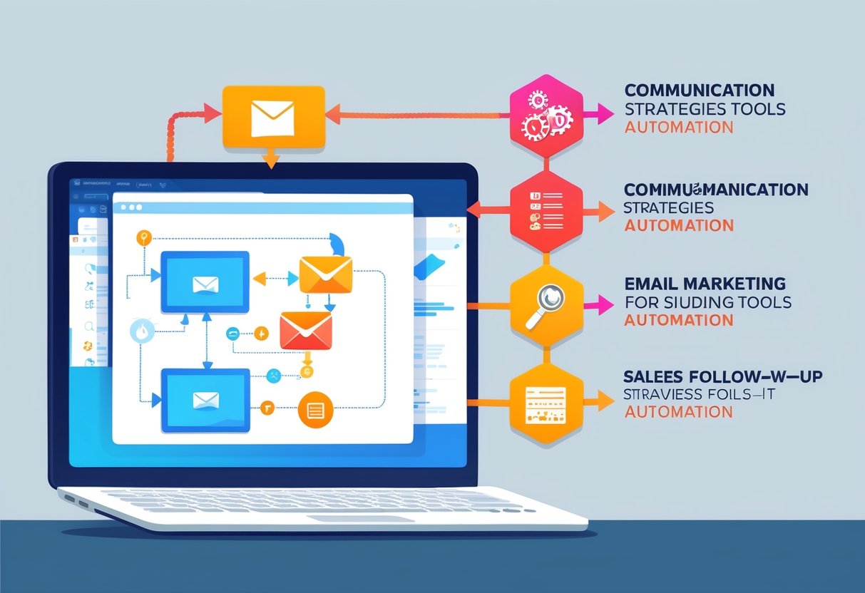 Uma tela de computador exibindo um fluxograma de estratégias de comunicação e ferramentas de email marketing para automação de acompanhamento de vendas