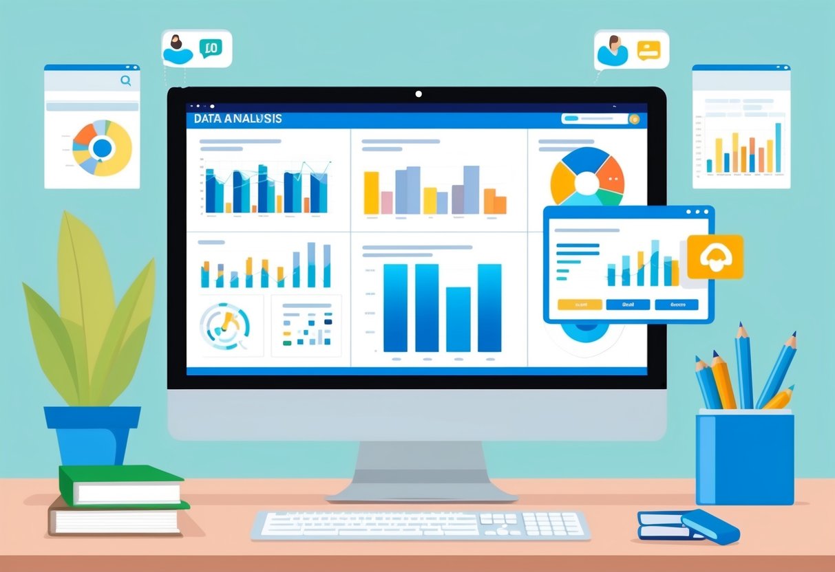 Uma tela de computador exibe um painel de análise de dados com gráficos e tabelas, enquanto uma ferramenta digital automatiza os processos de acompanhamento de vendas.