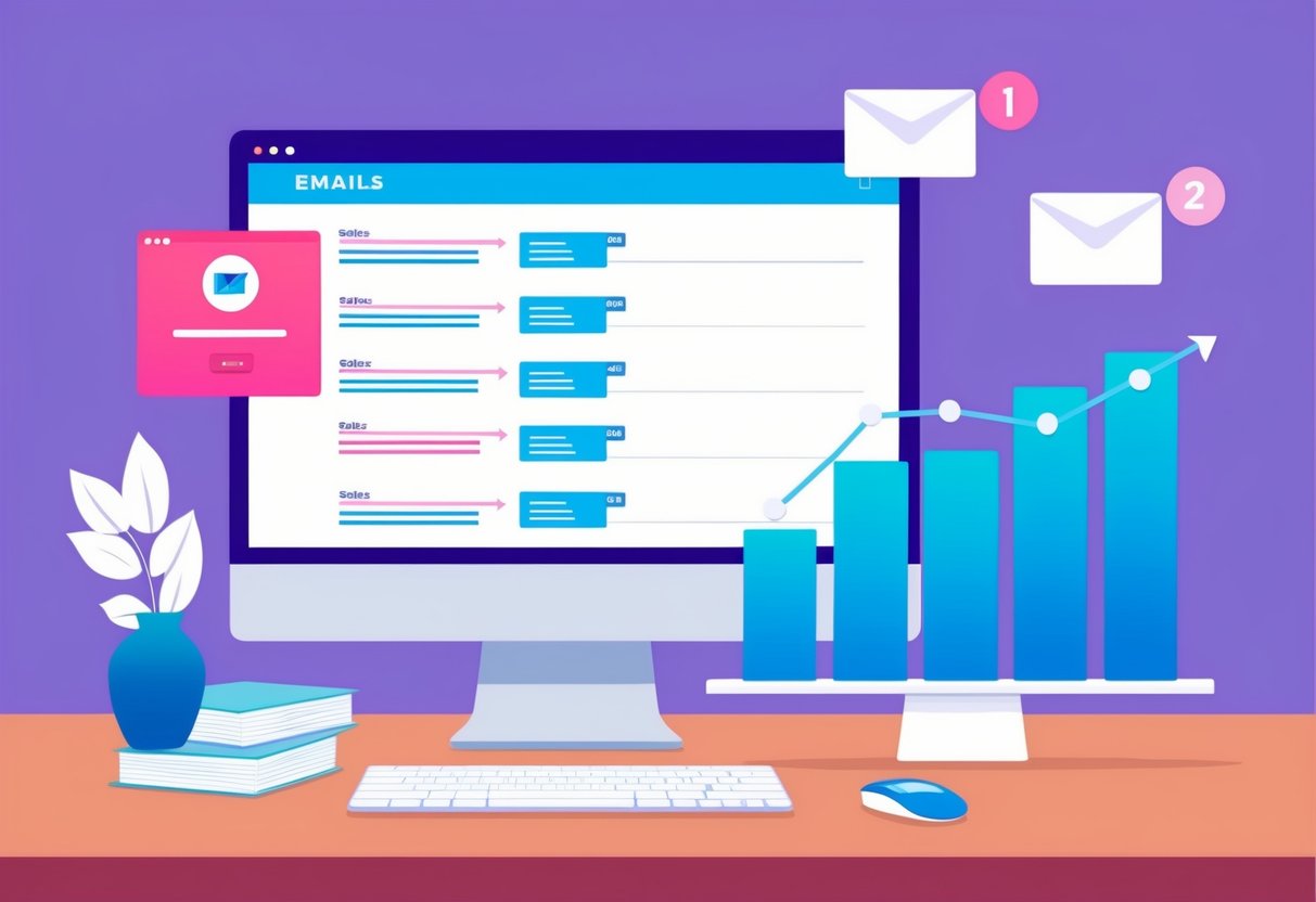 Uma tela de computador exibindo uma ferramenta de automação de vendas com uma série de e-mails de acompanhamento e um gráfico mostrando o aumento das vendas