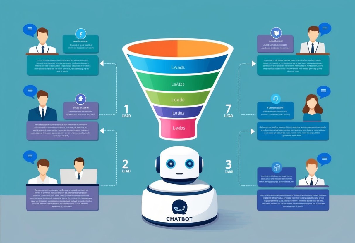 Um chatbot guiando leads através de um funil de vendas, com várias etapas de nutrição e avanço representadas visualmente.