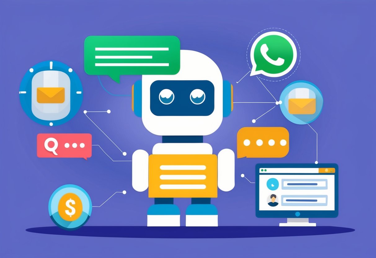 Um ícone de chatbot se conecta com o WhatsApp e outras plataformas em uma integração de funil de vendas