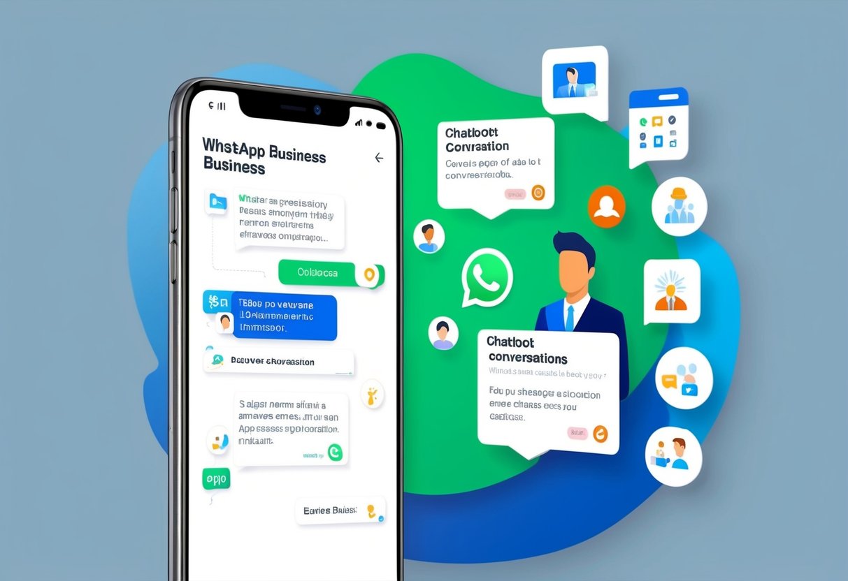 Um smartphone exibindo o aplicativo WhatsApp Business com uma conversa de chatbot e vários ícones relacionados a negócios ao fundo