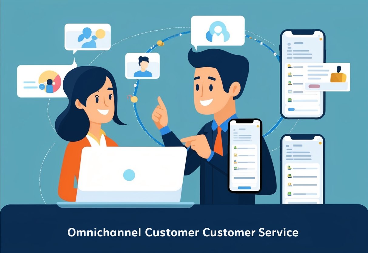 Um cliente interagindo de forma fluida em múltiplos dispositivos com um representante da empresa, ilustrando a importância do atendimento ao cliente omnichannel.