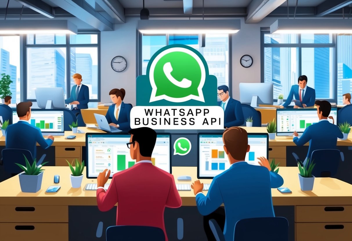 Um escritório movimentado com funcionários usando computadores e telefones, com o logotipo da API do WhatsApp Business exibido de forma proeminente em uma tela