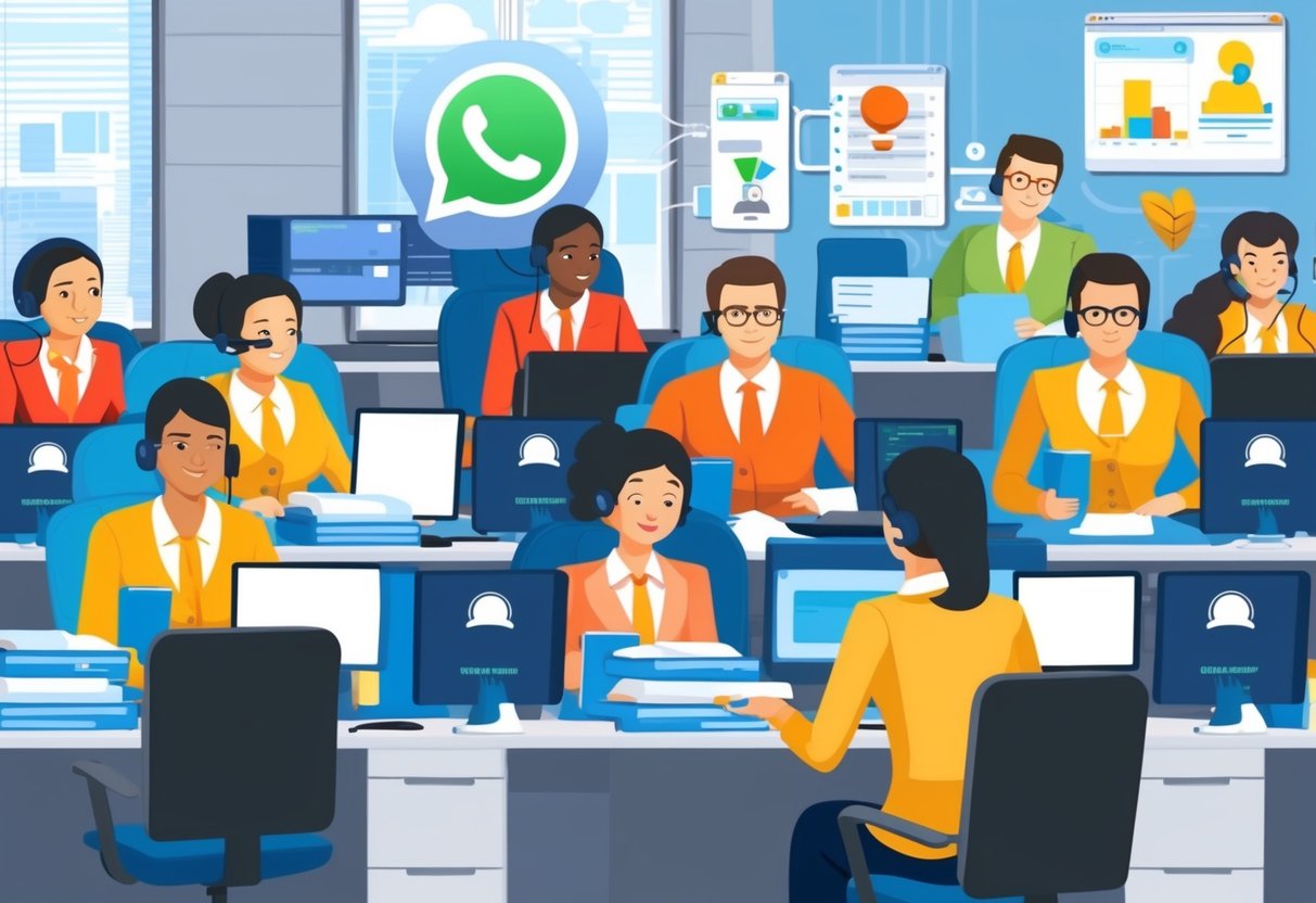 Um movimentado call center com múltiplos agentes gerenciando consultas de clientes pelo WhatsApp Business API para grandes empresas