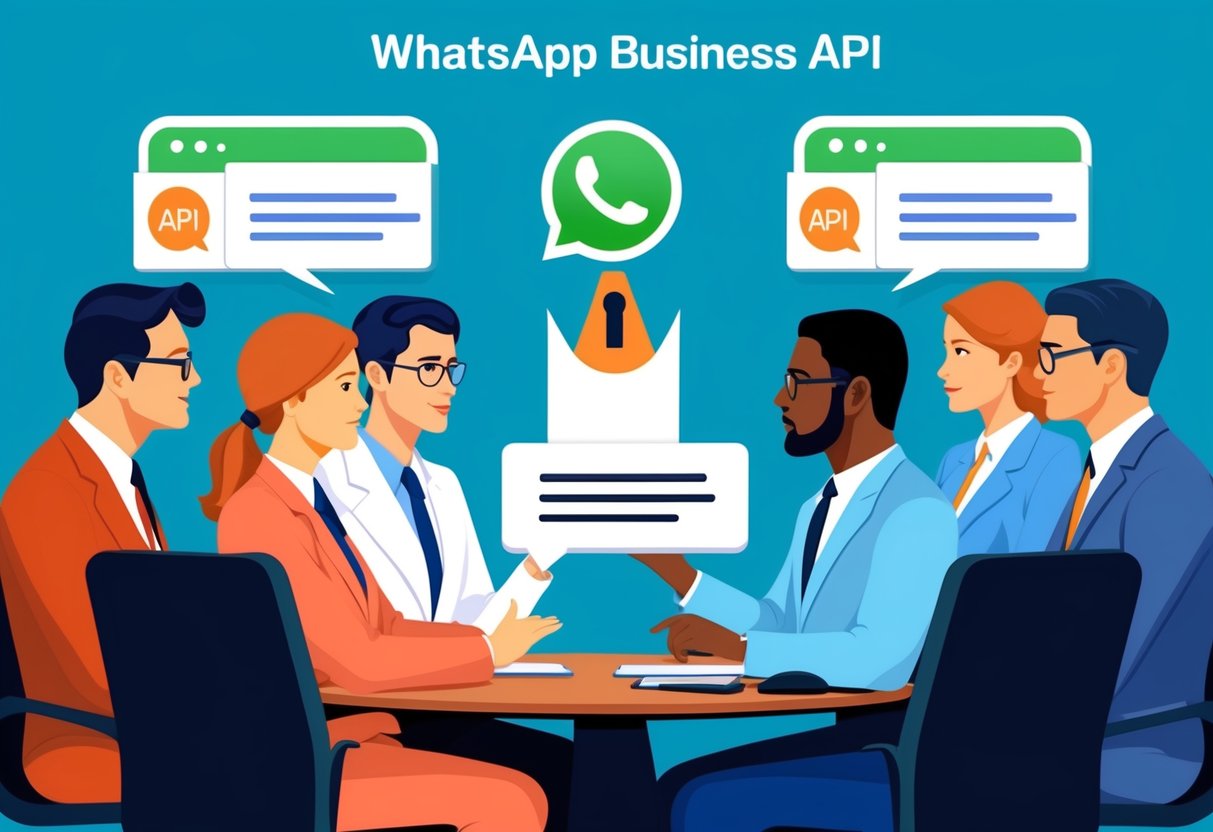 Um grupo de profissionais de negócios participa de uma chamada de conferência usando a API do WhatsApp Business, discutindo estratégias de marketing e comunicação para grandes empresas.