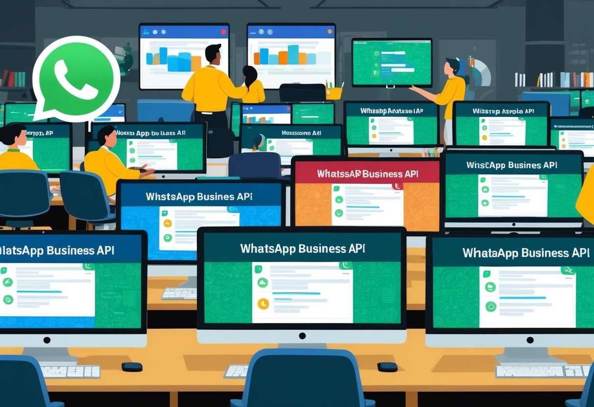 Um escritório movimentado com múltiplas telas de computador exibindo os volumes de mensagens da API do WhatsApp Business sendo gerenciados e escalados para grandes empresas