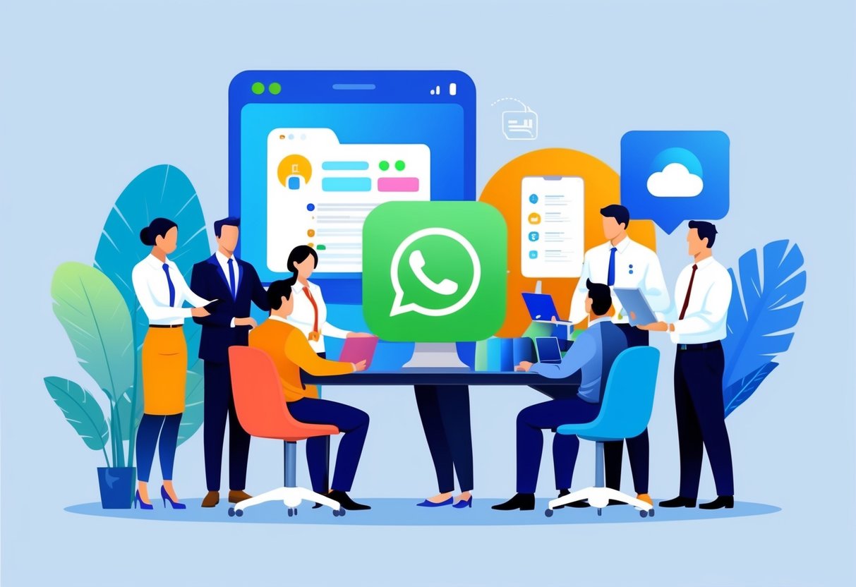 Um grupo de profissionais de negócios colaborando e utilizando a API do WhatsApp Business para grandes empresas.