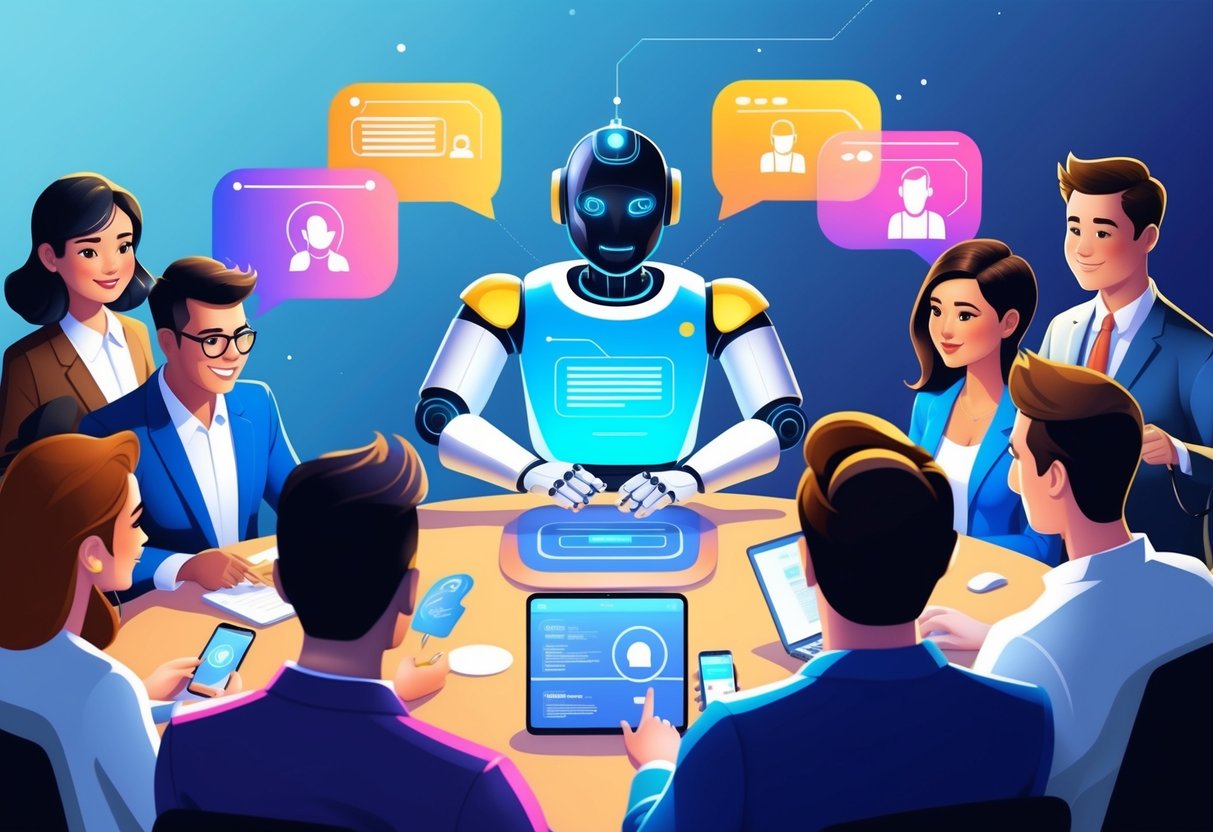 Um chatbot de atendimento ao cliente futurista interage com um grupo diversificado de clientes, oferecendo assistência personalizada e simplificando o processo por meio da automação de IA generativa.