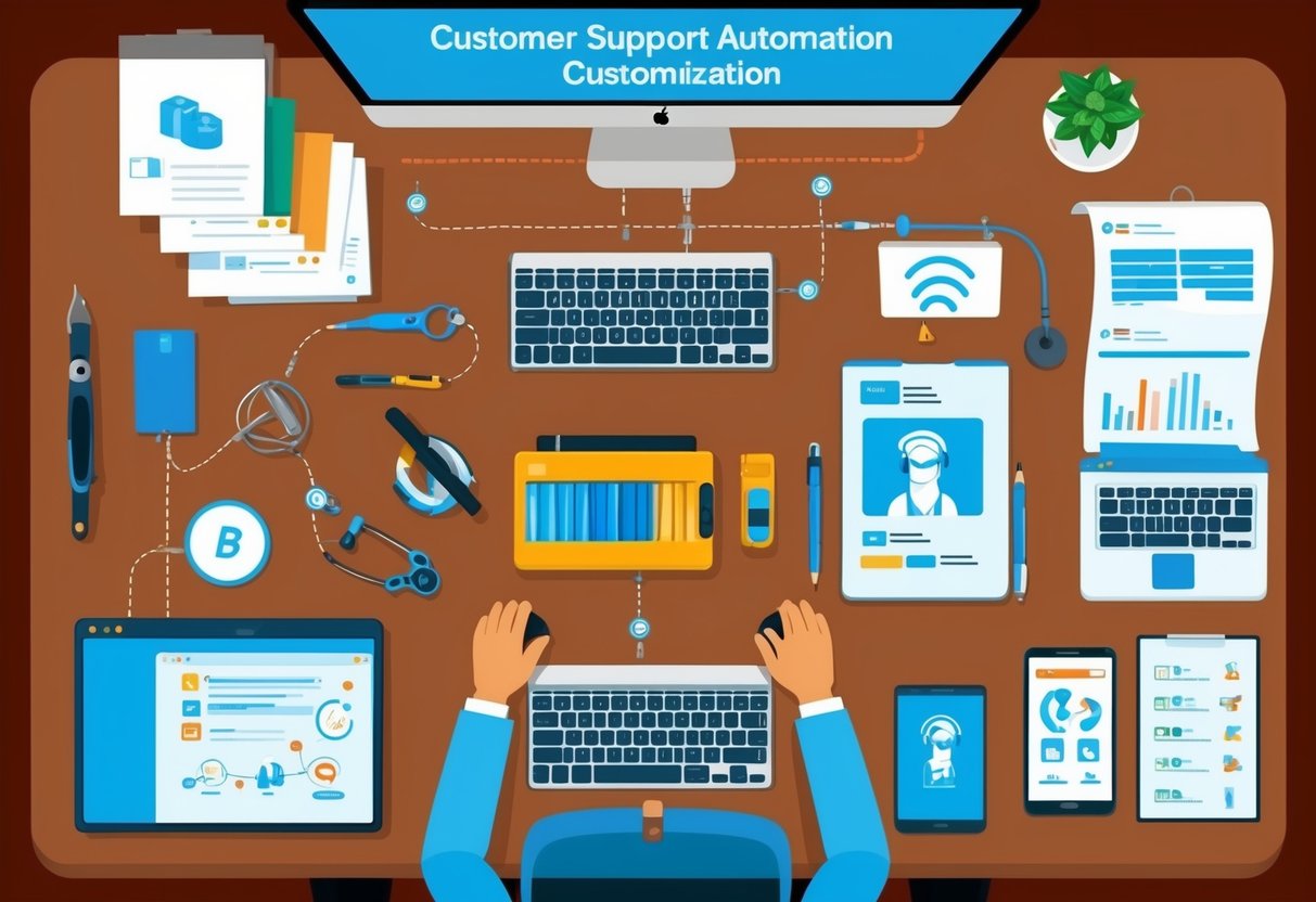 Uma mesa com várias ferramentas e equipamentos para personalização e customização da automação de suporte ao cliente.