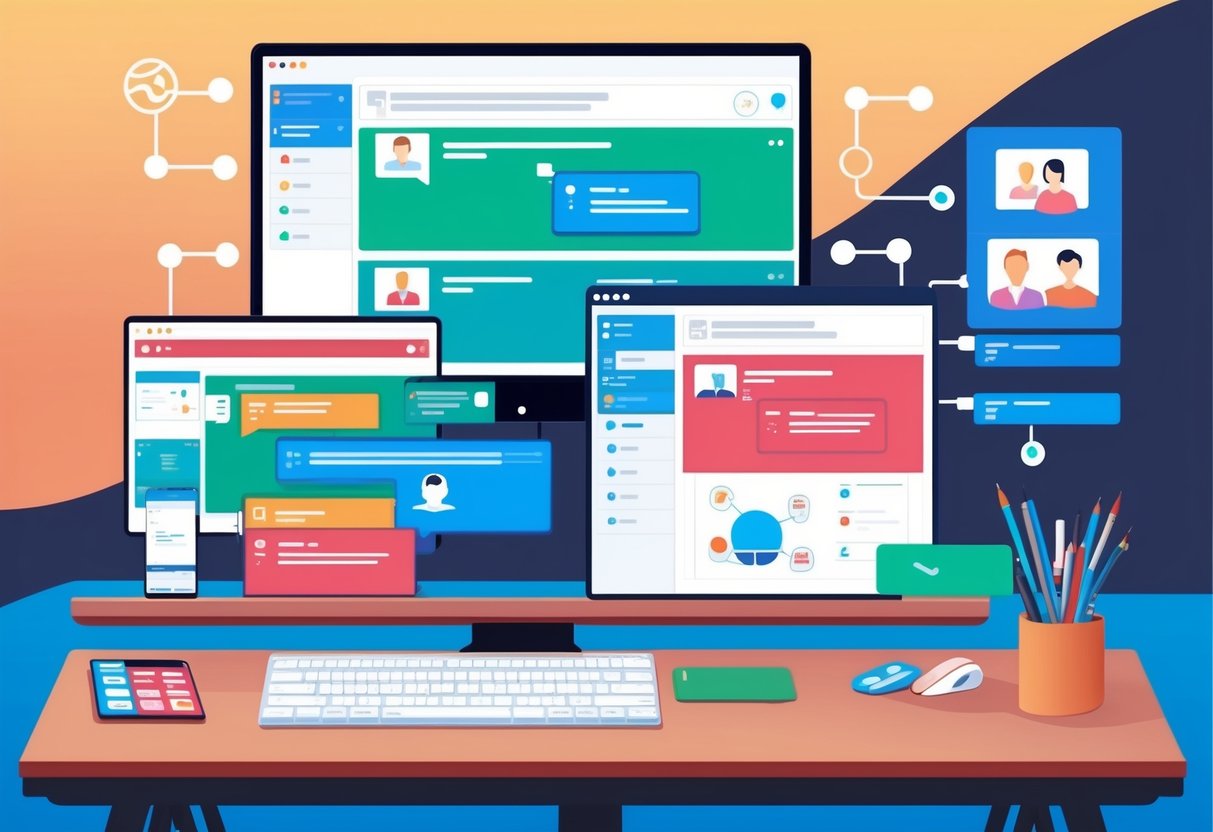 Uma tela de computador exibindo vários canais de comunicação conectados a ferramentas de automação para suporte ao cliente