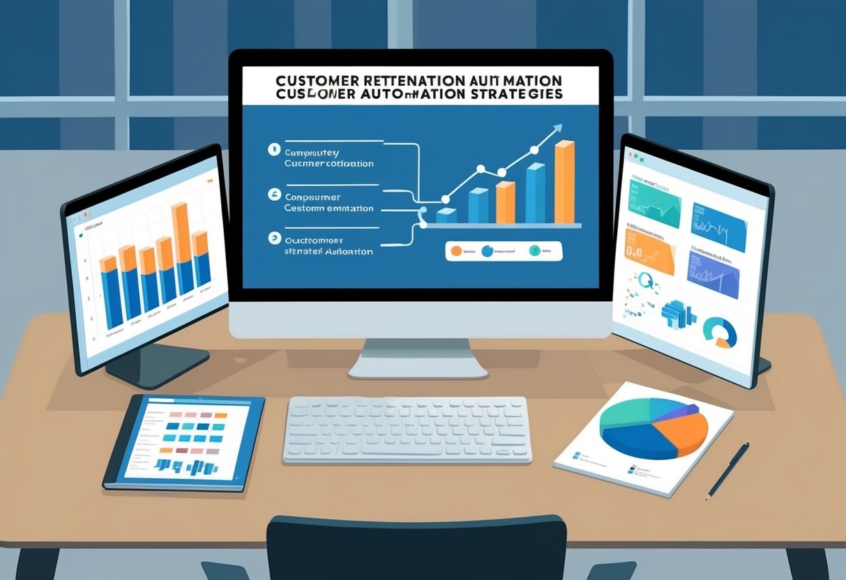 Uma mesa de escritório com uma tela de computador exibindo estratégias de automação de retenção de clientes. Um fluxograma e gráficos estão visíveis na tela.